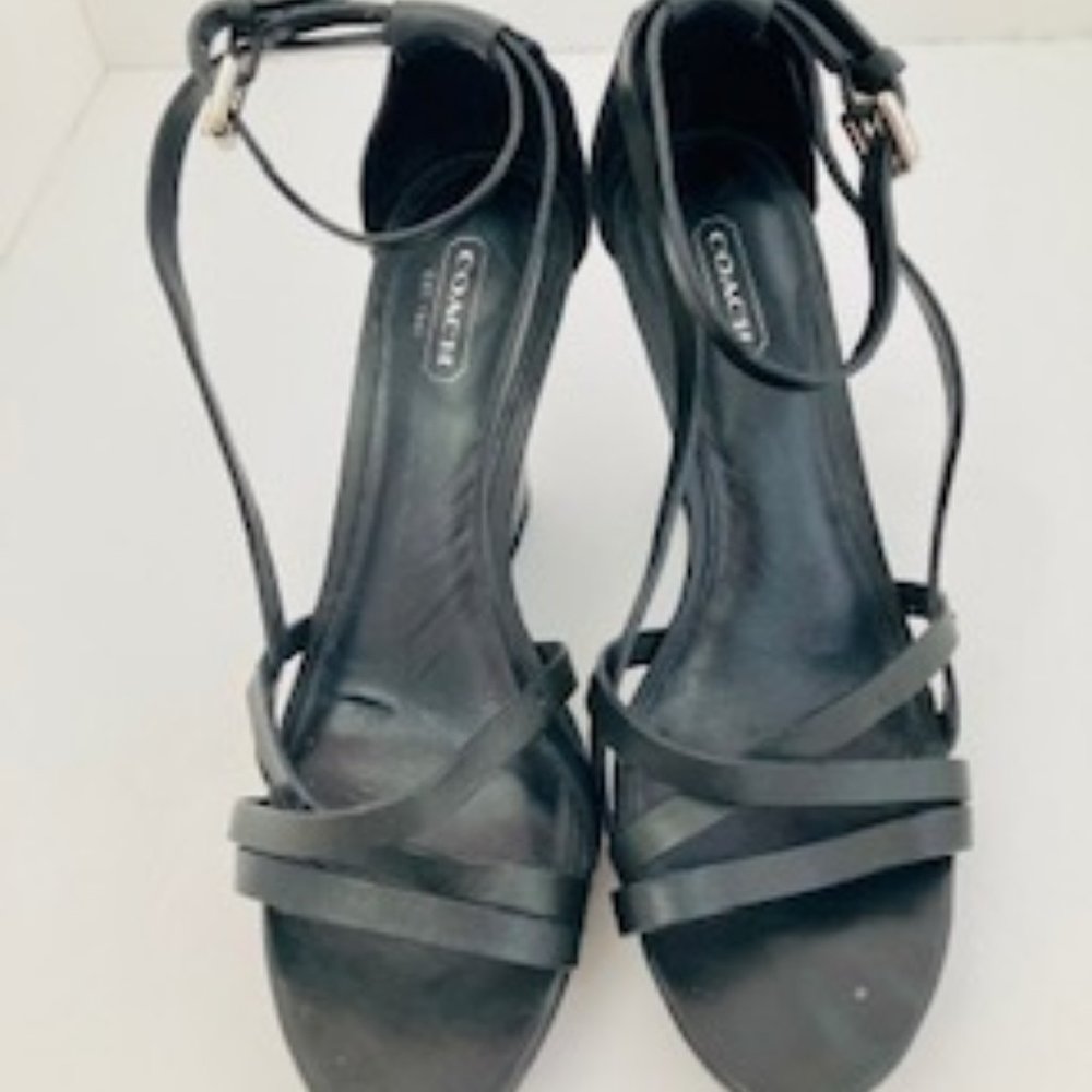 Black Coach Wedge Strappy Heels